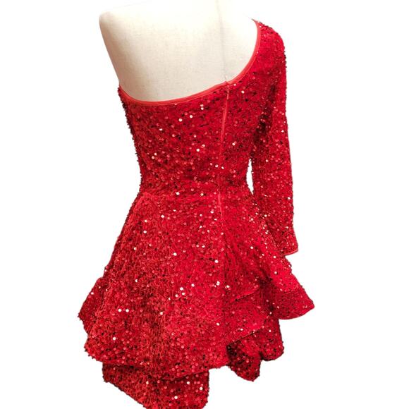 NWT Bright Red Size 2 Asymmetric One Long Sleeve Short Sequin Dress - Picture 7 of 13